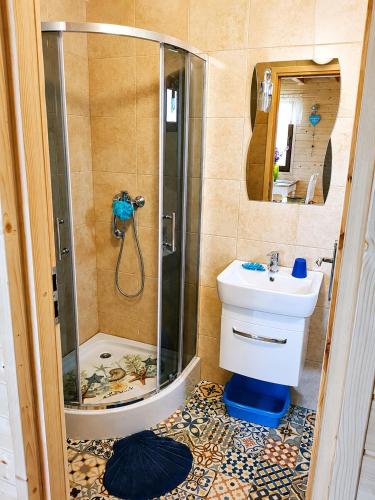 a bathroom with a shower and a sink at Słonecznikowe Wzgórze in Debina