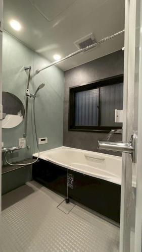 a bathroom with a shower and a sink and a mirror at にこの家 --多頭飼い,大型犬も猫もうさぎも歓迎 秩父の一棟貸し-- in Chichibu