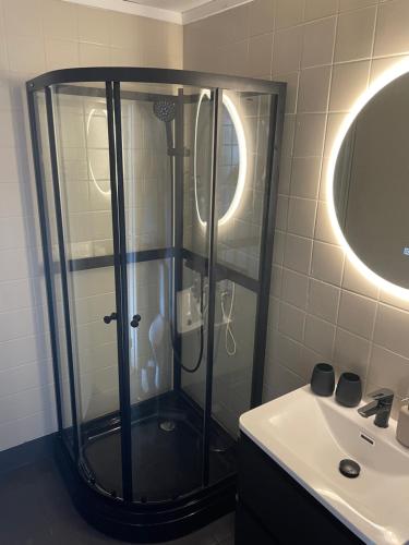 a glass shower in a bathroom with a sink at Bitihorn in Beitostøl
