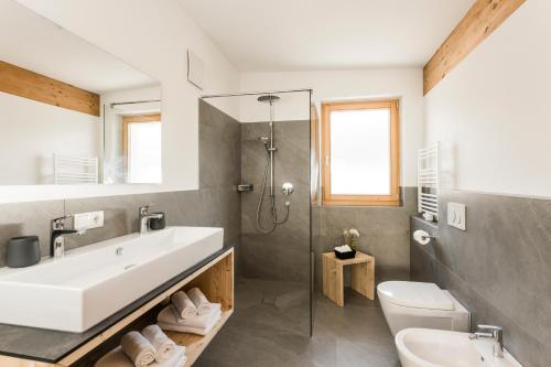 ein Badezimmer mit Waschbecken, Dusche und Toilette in der Unterkunft Bachmannhof in Feldthurns