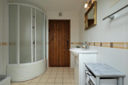 a bathroom with a tub and a sink and a shower at Kaimo sodyba Senas rublis in Pesčiai
