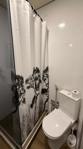 a bathroom with a toilet and a shower curtain at Sun Estate Ureki in Ureki
