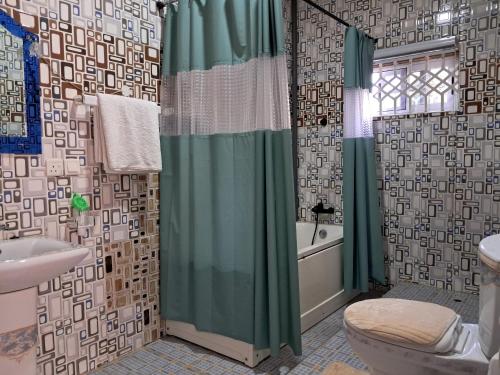 a bathroom with a shower and a toilet and a sink at Immanuel Victory hotel in Atebubu