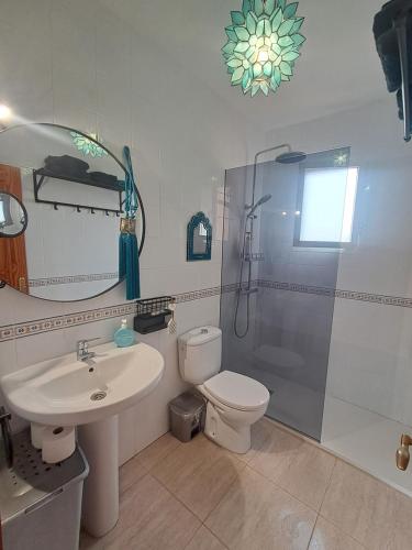 a bathroom with a toilet and a sink and a shower at Ático Chipre naturist FKK Vera-playa in Vera