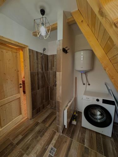eine Waschmaschine in einem Badezimmer mit Dusche in der Unterkunft Vlasic Odmor - Microcastl in Vlasic