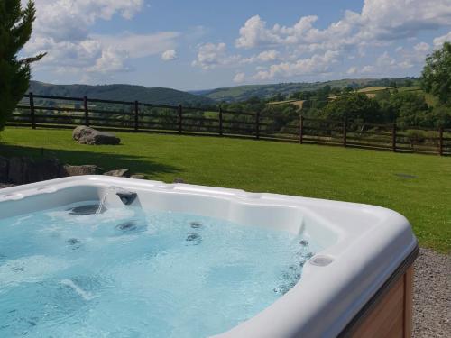 a jacuzzi tub with a view of a field at Y Dderwen At Brynglas Farm in Llanfair Caereinion