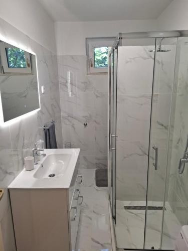 a bathroom with a shower and a sink at Vecky in Jezera