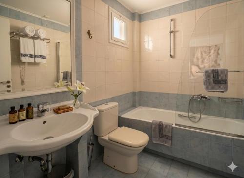 a bathroom with a sink and a toilet and a tub at Alonissos Beach Bungalows And Suites Hotel in Alonnisos