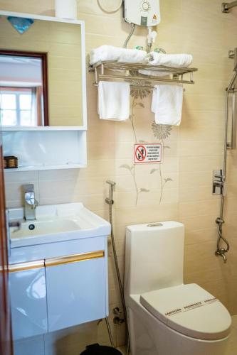 a bathroom with a toilet and a sink and a mirror at Six In Lodge in Male City