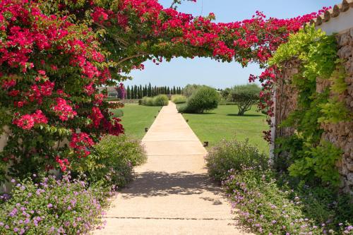 an archway with pink flowers in a garden at Torralbenc, a Small Luxury Hotel of the World in Cala en Porter
