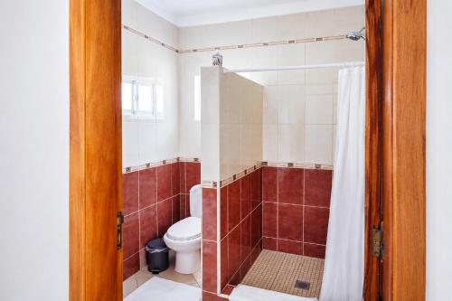 a bathroom with a toilet and a shower at Casa Nuno in Lagoa