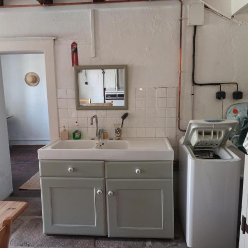 a bathroom with a sink and a mirror and a washer at La Maison des 2L in Saint-Médard