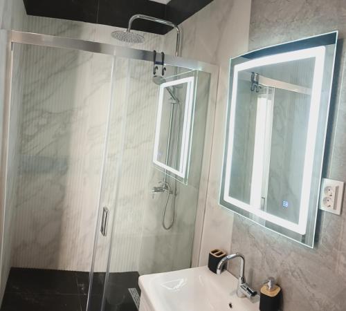 a bathroom with a shower and a sink and a mirror at Apartments Spasoje 2 in Kotor