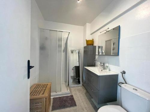 a bathroom with a shower and a toilet and a sink at VERLAINE House in Menton