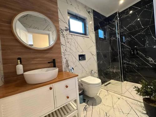 a bathroom with a sink and a toilet and a mirror at Eco villa in Quba