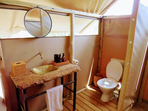 a small bathroom with a sink and a toilet at Bundox Explorer Camp in Hoedspruit