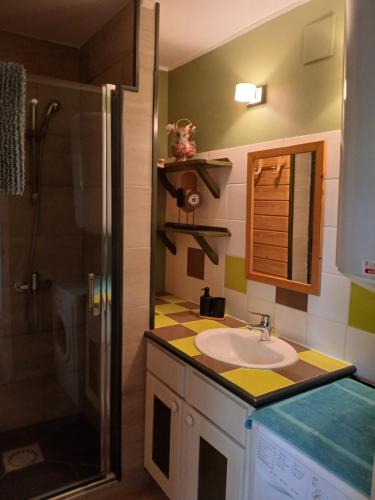 a bathroom with a sink and a shower at Le Chalet de Gonnehem in Gonnehem