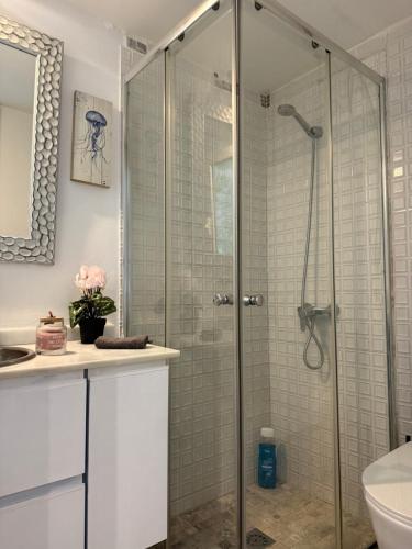 a bathroom with a shower with a glass door at New Garden in Mairena del Aljarafe