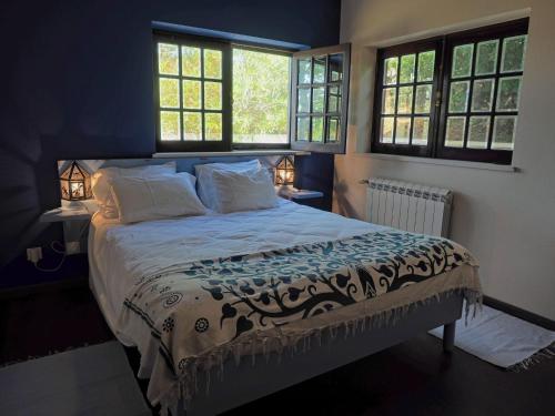a bedroom with a large bed with blue walls and windows at Paraíso das Flores in Pataias