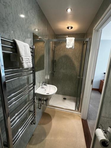 a bathroom with a shower and a sink at The Waterwheel in St Austell