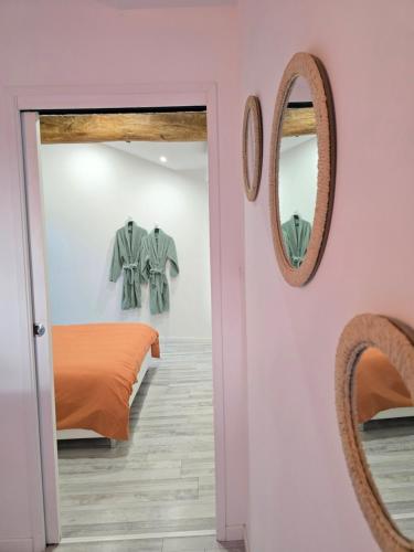 a bedroom with a bed and a mirror at Gîte de la Daudière La Grange in Le Boupère