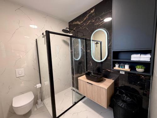 a bathroom with a shower and a toilet and a mirror at Luxury Villa Rubi Vir - private pool in Vir