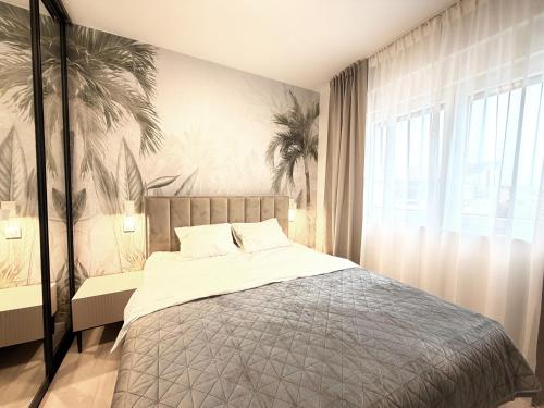 a bedroom with a bed and a large window at Luxury Villa Rubi Vir - private pool in Vir