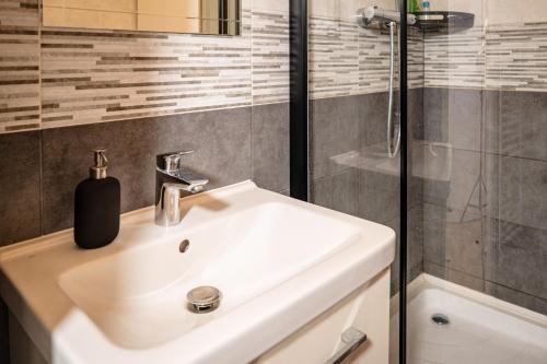a bathroom with a sink and a shower at The white Nest Apartment AC & Balcony in Bratislava