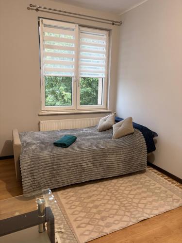 a bedroom with a large bed in front of a window at Mieszkanie w Centrum Hajnówki-Brama Puszczy Białowieskiej in Hajnówka
