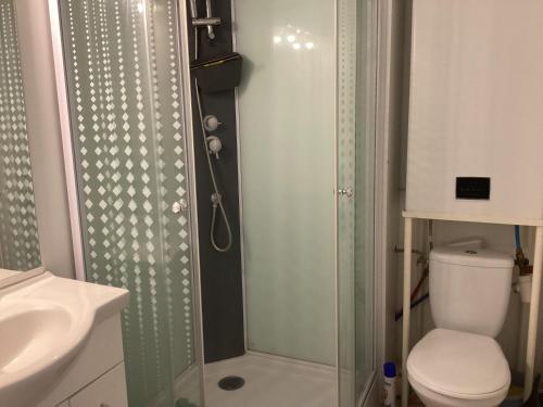 a bathroom with a shower and a toilet and a sink at Celimène in Canet-en-Roussillon