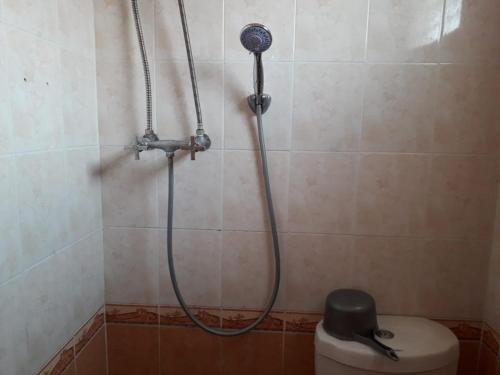 a shower in a bathroom with a toilet at Villa Venesia Berastagi Resort in Berastagi