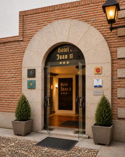 a door to a hotel with two potted plants in front at Hospedium Hotel Juan II in Toro