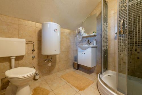 a bathroom with a toilet and a sink and a shower at Log Cabin Valley - Private Villa with Pool in Gospić