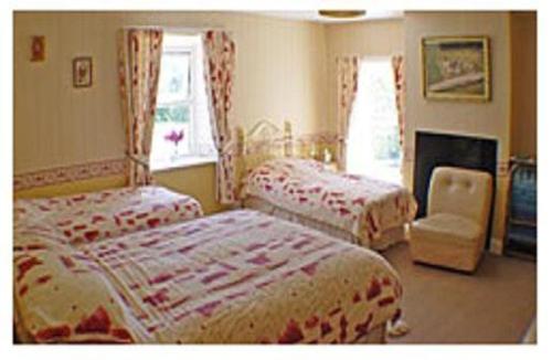 a bedroom with two beds and a chair and a fireplace at Yellow House in West Woodburn