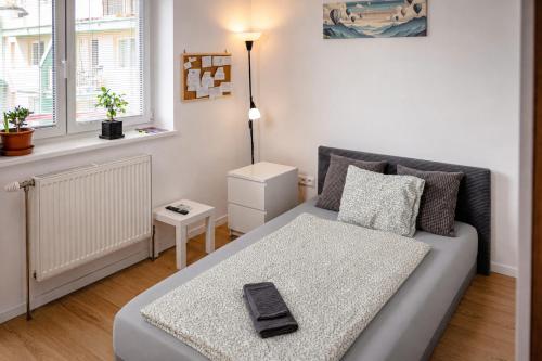 a living room with a couch and a window at The white Nest Apartment AC & Balcony in Bratislava