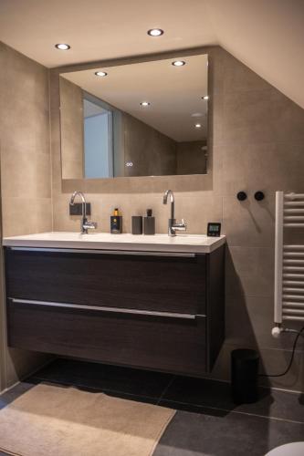 a bathroom with a sink and a mirror at DuinDroom bovenappartement, Beverwijk in Beverwijk