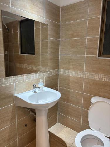 a bathroom with a sink and a toilet and a television at Casa El Manantial in Vallenar