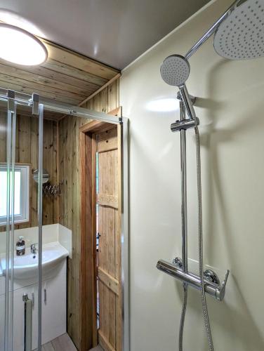 a bathroom with a shower and a sink at Kingfisher Shepherd's Hut in Saint-Mars-sur-la-Futaie