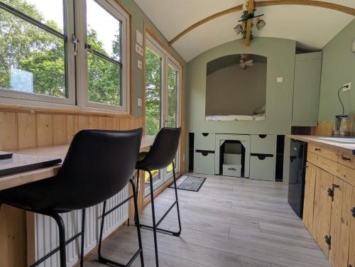 a kitchen with two chairs at a table in a tiny house at Kingfisher Shepherd's Hut in Saint-Mars-sur-la-Futaie
