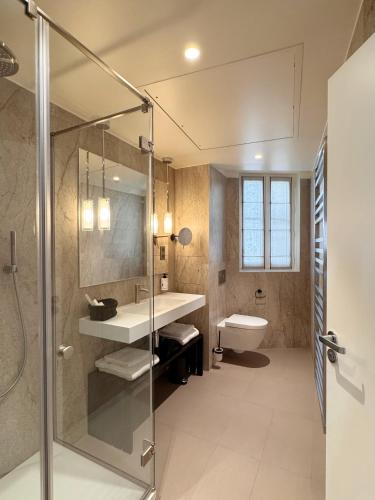 a bathroom with a shower and a sink and a toilet at Eiffel Yard Hotel in Paris