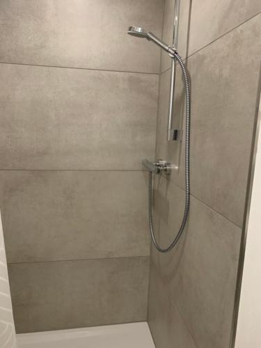 a shower with a glass door in a bathroom at Eifelliebe in Bergweiler