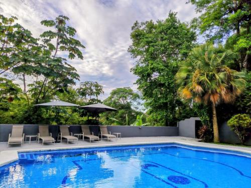 a swimming pool with chairs and umbrellas in a yard at Alma Vida Hotel in Manuel Antonio