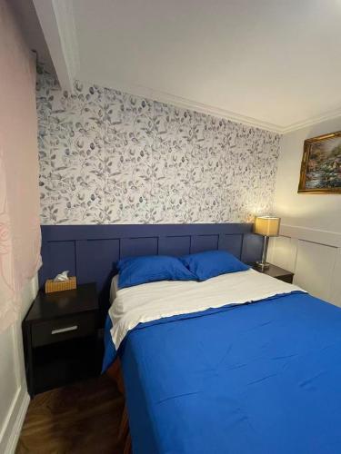 a bedroom with a blue bed and a wall at Arkona Home in Toronto