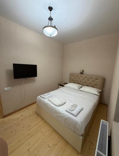 a bedroom with a bed and a flat screen tv at Villa Cypress in Kutaisi