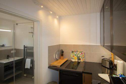 a bathroom with a counter with a sink and a mirror at Haus Roseneck App.2 in Hörnum