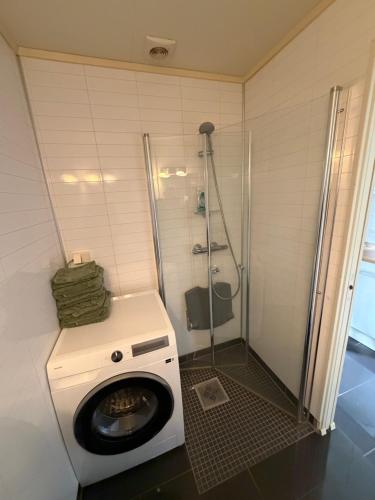 a washing machine in a bathroom with a shower at Leilighet for opptil 4 personer nær Sola flyplass og Stavanger sentrum in Sola