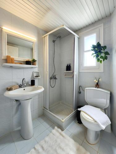 a bathroom with a shower and a toilet and a sink at Matthew's Place in Malia