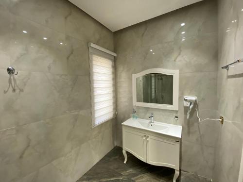 a bathroom with a sink and a shower and a mirror at Absheron Marina in Baku