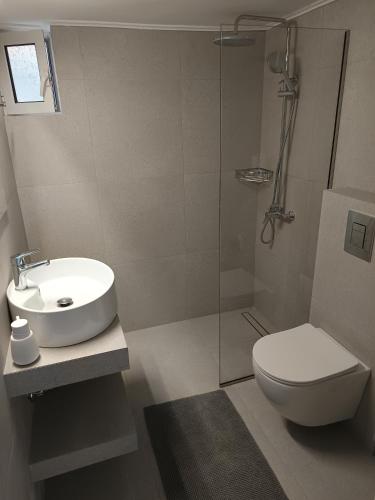 a bathroom with a toilet and a sink and a shower at ANGELA APARTMENT in Koroni