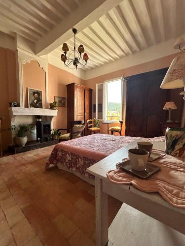 a large bedroom with a bed and a table at Chambre in Riez